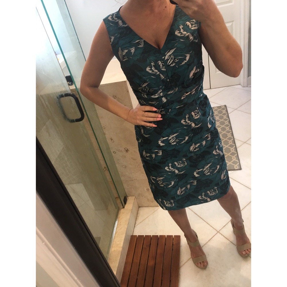 Antonio Melani Women S 6 Sheath Dress Teal Silver Brocade Sleeveless Slit Party